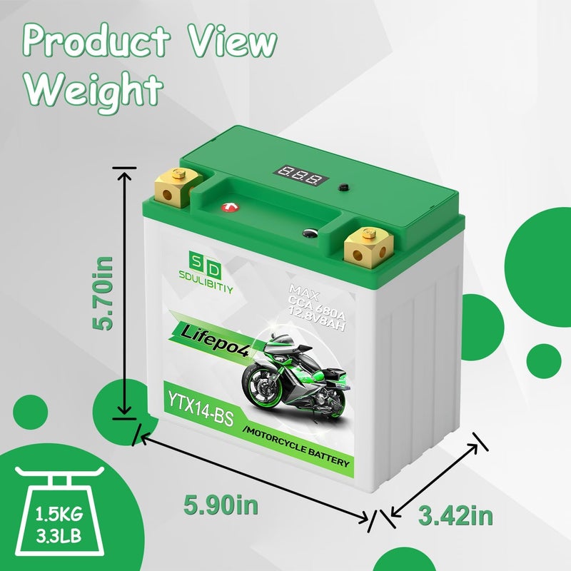 SDULIBITIY بطارية دراجة نارية ليثيوم LiFePO4 YTX14-BS 12.8V 8Ah 680CCA بطارية رياضية للدراجات النارية، متوافقة مع ATV، UTV، جت سكي، بطارية مولد، 4 عجلات - Image 4